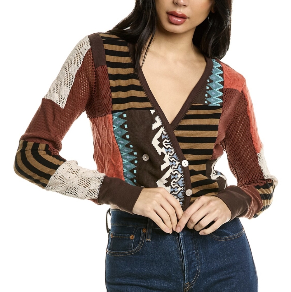 Free People pieces of me Patchwork boho top LS cardigan NWT S